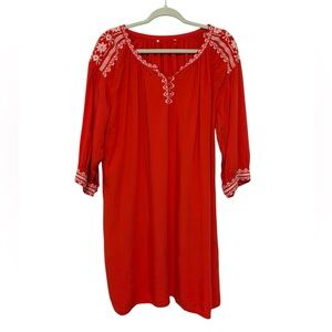 Solitaire Red Embroidered Shift Dress Puff Sleeve Blouse Pockets Size Large